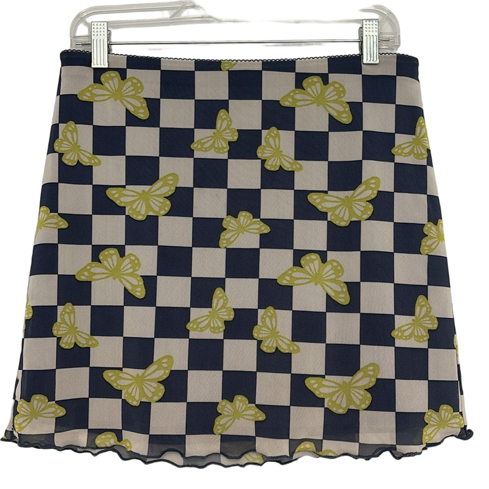 Forever 21 Mini Skirt Blue Check Print Green Butterflies Poly Spandex Blend Sz L